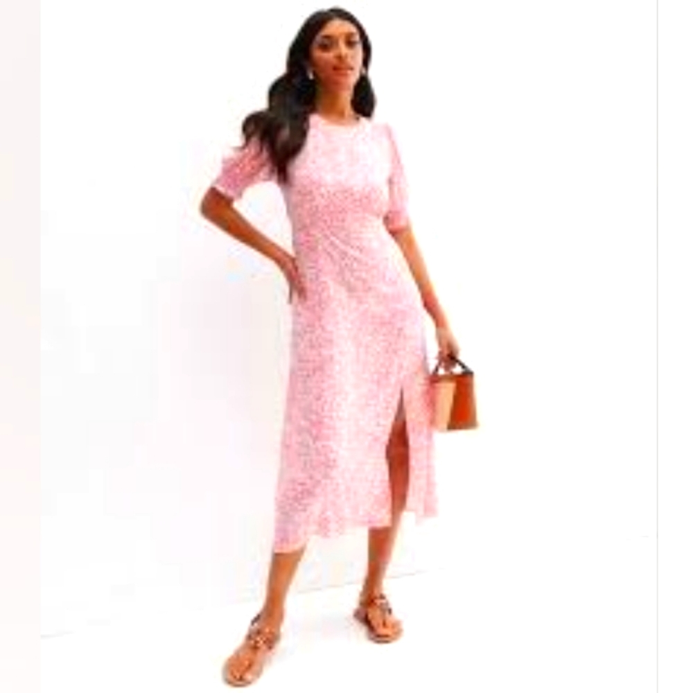 New Look pink ditsy floral midi dress with split petite US 8 NWT